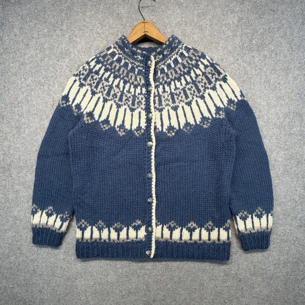 Vintage Hand Knit Icelandic Fair Isle Wool Sweater Womens Large Nordic Chunky